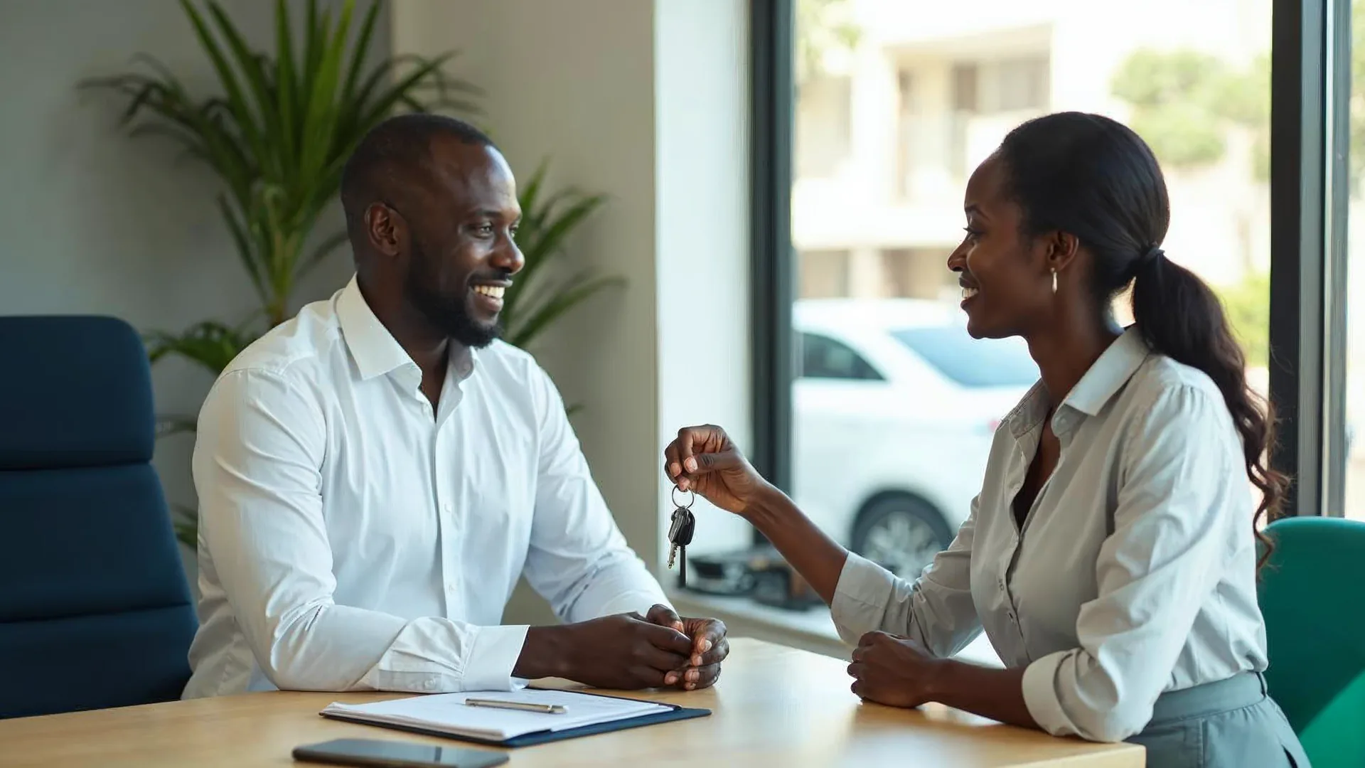 Agent d'assurance automobile remettant les clés et le dossier de souscription à un client à Dakar