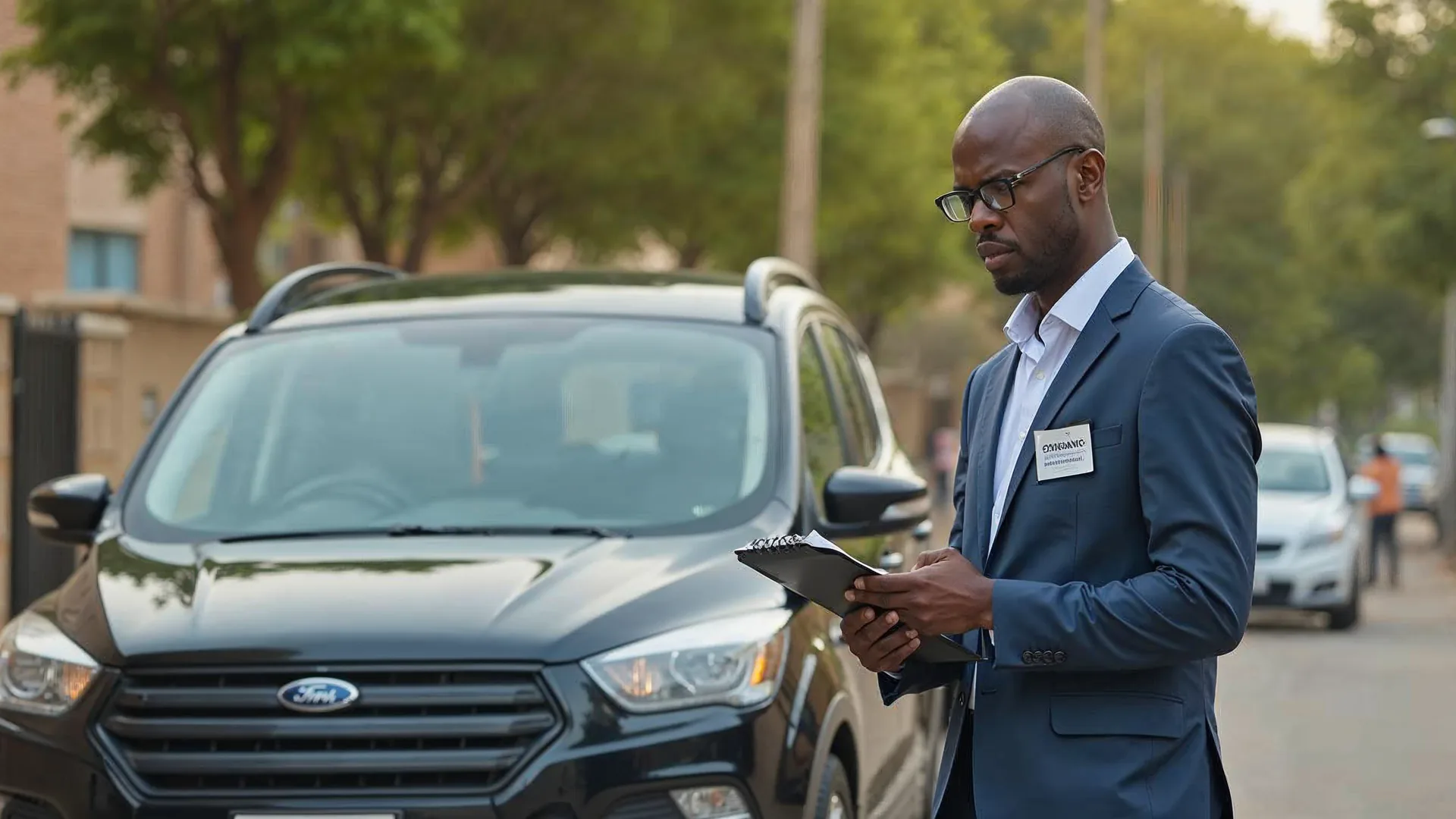 Agent d'assurance inspectant un SUV avant souscription d'une garantie tous risques à Dakar